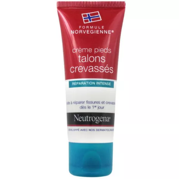 Tube rouge et blanc de Neutrogena Réparation Intense Crème Réparatrice Pieds et Talons Crevassés 50ml étiqueté en français