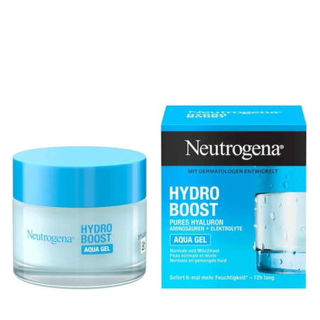 Image de NEUTROGENA Hydro Boost Aqua-Gel Soin Hydratant 50 ml. La boîte du produit se trouve à droite, avec le logo et les détails du produit en allemand. À gauche, le pot avec un couvercle bleu et un emballage transparent met en valeur « NEUTROGENA Hydro Boost Aqua-Gel », qui offre une hydratation intense. Dakar