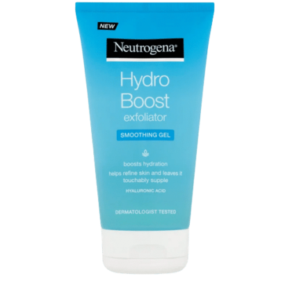Un tube bleu de Neutrogena Hydro Boost® Gommage Lissant Visage 150 ml, inspiré de l'esprit dynamique de Dakar, au Sénégal. L'emballage indique qu'il stimule l'hydratation, affine la peau et contient de l'acide hyaluronique. Testé sous contrôle dermatologique pour un soin optimal. Dakar