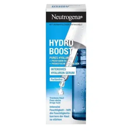 Emballage du Sérum Concentré Hydro Boost Hyaluron Sans Parfum de Neutrogena 15 ml avec acide hyaluronique et provitamine B5. La boîte est bleue et blanche, avec une image de compte-gouttes et un texte en allemand, mettant en avant l'hydratation et une formule sans parfum. Dakar