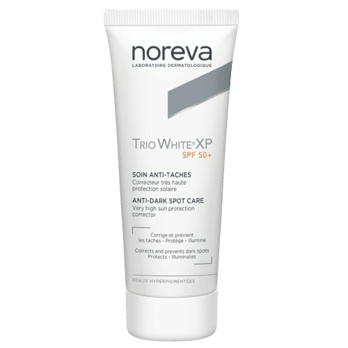 Tube de Noreva Trio White XP Soin Anti-Taches Spf50+ 40 ml avec texte en français et en anglais sur l'emballage blanc