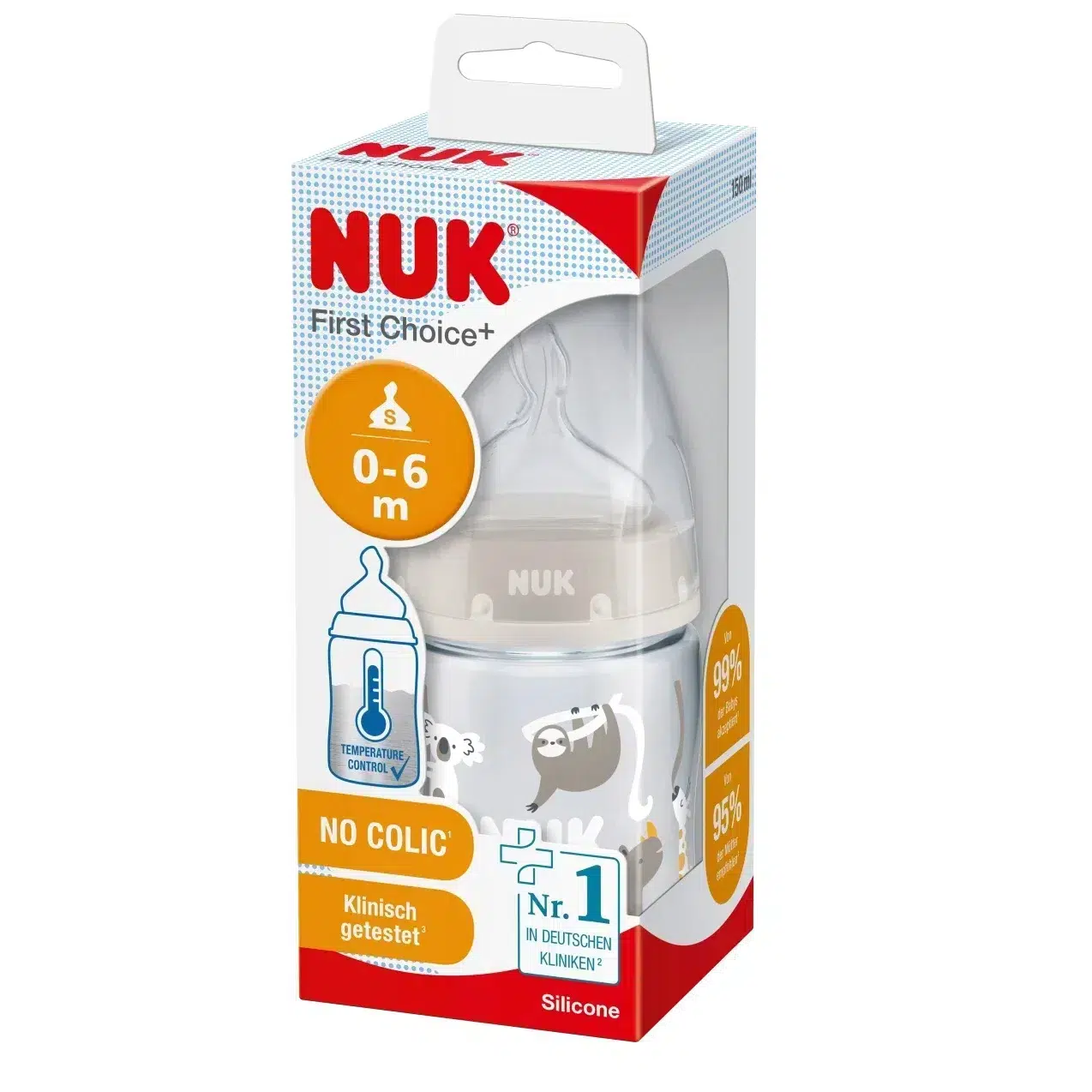 L'emballage du NUK Biberon First Choice Gris 150 ml (0-6 mois) met l'accent sur ses caractéristiques anti-colique et de contrôle de la température. dakar