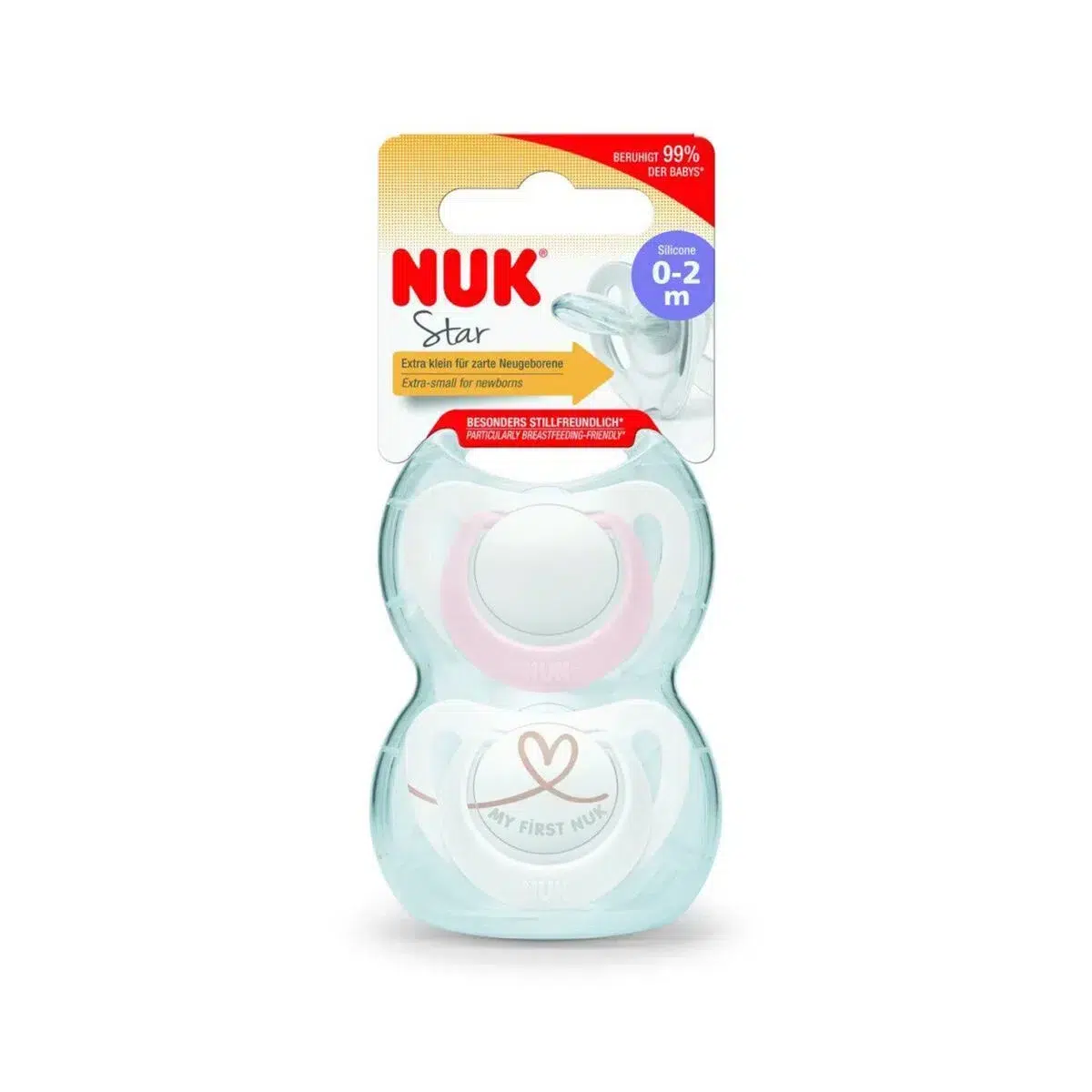 NUK Sucette Star Silicone 0 à 2 Mois Rose/Blanc 2 Pièces emballage de sucette pour bébé de 0 à 2 mois