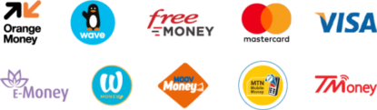 Une collection de logos de services financiers : Orange Money, Wave, Free Money, Mastercard, VISA, 1x Money, W Money, Woy Money, MTN Mobile Money, 77 Money. Dakar