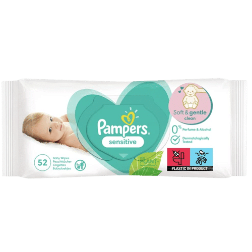 Pack de Lingettes Pampers Bébé Sensitive 52 Lingettes avec un bébé sur l'emballage