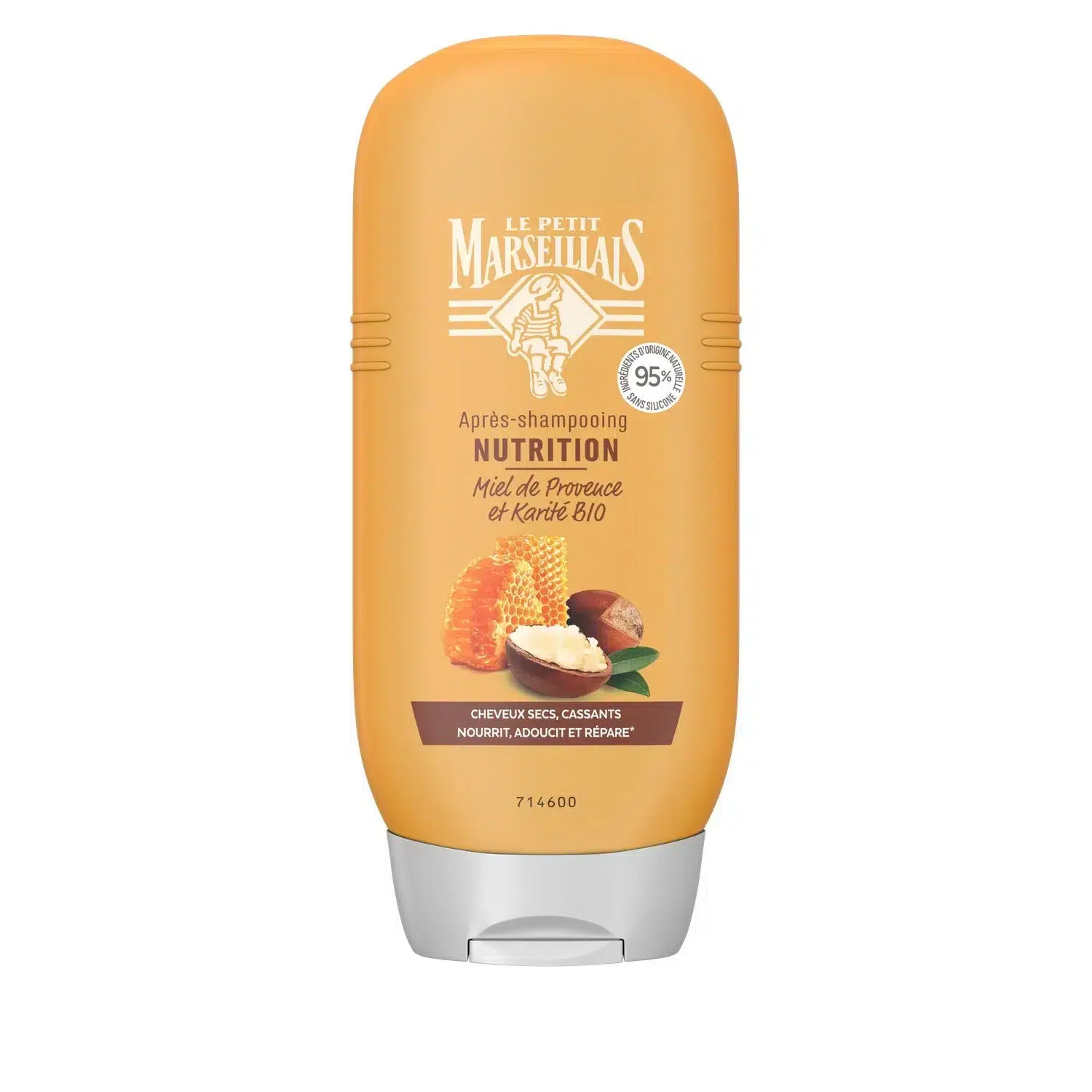 Flacon jaune du Petit Marseillais Après Shampoing Soin Express Nutrition au Miel et au Karité BIO 200 ml