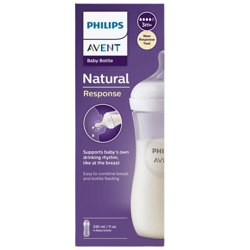 Philips AVENT Natural Response Biberon Blanc avec Tétine Forme Sein (3 MOIS) Conditionnement de 330 ml avec biberon et texte décrivant ses caractéristiques à partir de 3 mois