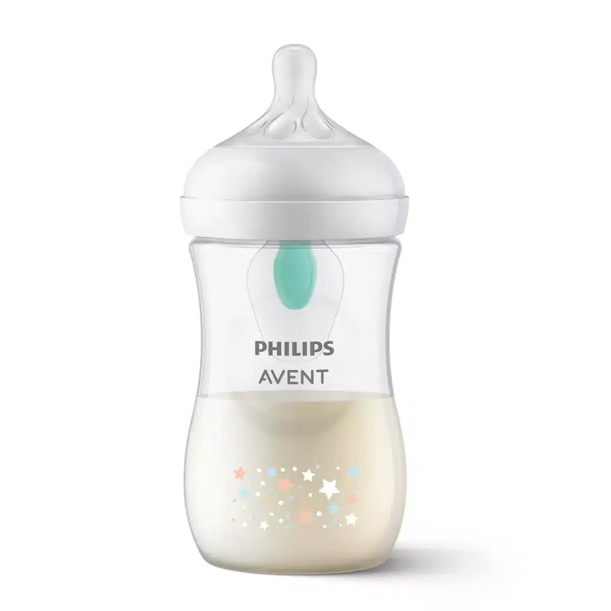 Un biberon Philips Avent Natural Response Biberon Valve AirFree 260 ml - Tétine 1mois+ rempli de lait et un bouchon blanc