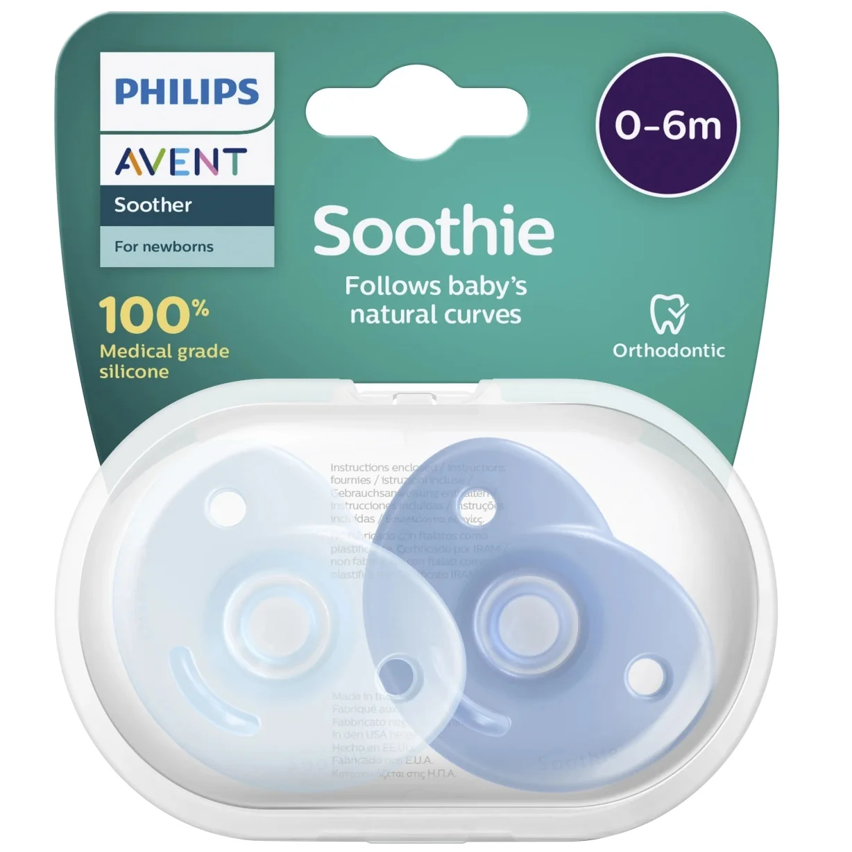 Emballage de Philips Avent Sucette en Silicone Soothie Bleu 0-6 Mois 2 pièces