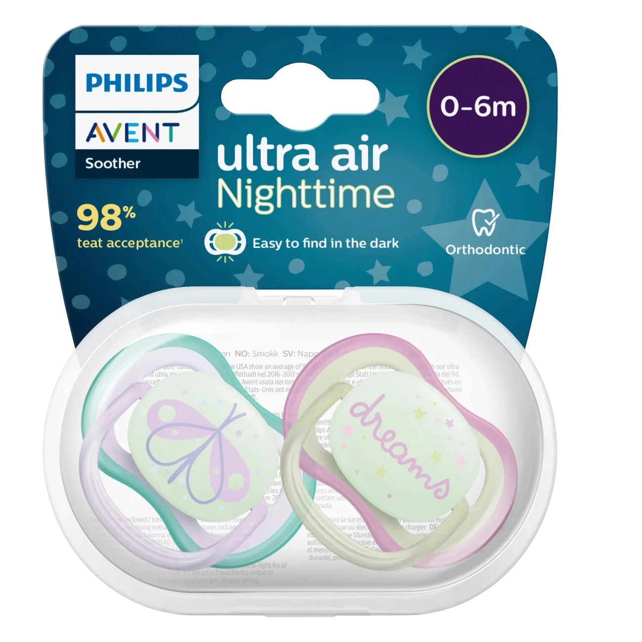 La sucette Philips Avent Ultra Air Night vert et rose pour les enfants de 0 à 6 mois est livrée dans un emballage comprenant deux ravissantes sucettes aux motifs nocturnes. dakar