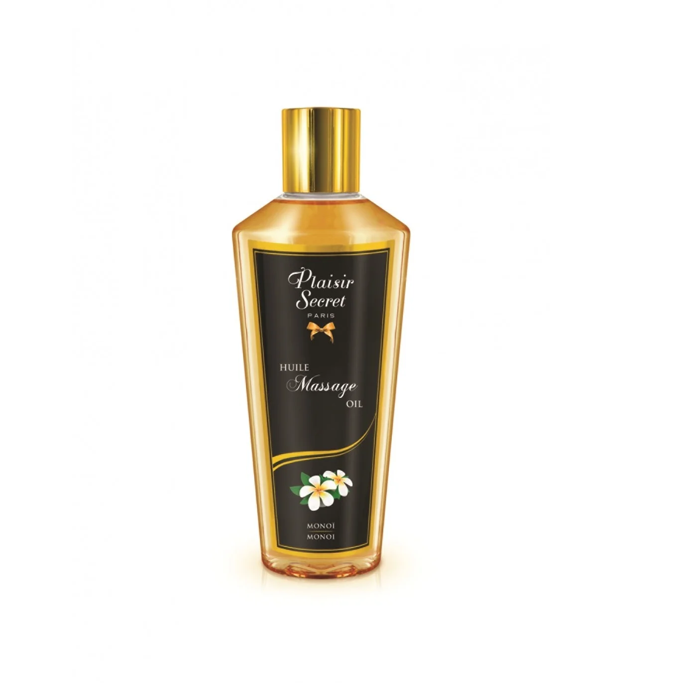 Un flacon de Plaisir Secret Huile De Massage Fruits MONOI 250 ml avec un bouchon doré et une étiquette noire représentant un motif de fleur blanche. dakar