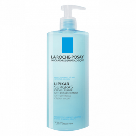 Flacon de 750 ml de LA ROCHE-POSAY - Lipikar Surgras Crème Lavante Anti-dessèchement, accompagné d'un flacon pompe. Ce packaging bleu clair met en valeur le texte noir et le logo de la marque, soulignant ses propriétés anti-dessèchement. Dakar