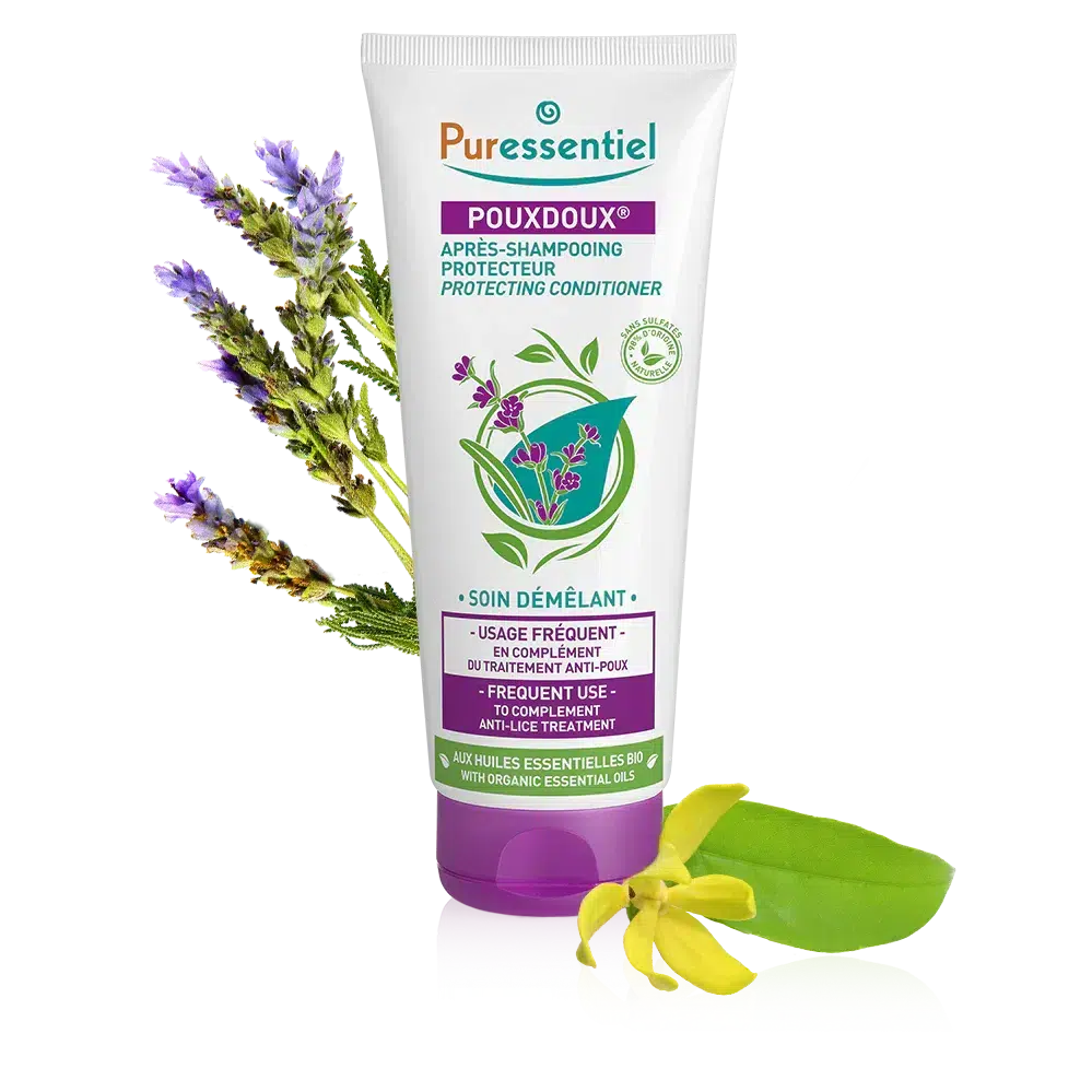 Image du tube Puressentiel Après Shampooing Protecteur Pouxdoux® 200 ml avec des graphismes de lavande et de fleurs sur fond blanc. dakar