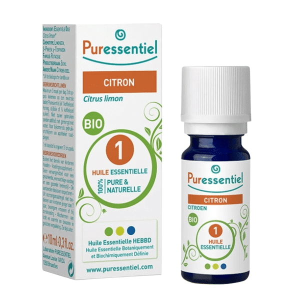 Puressentiel Huile Essentielle Citron (Citrus limon) Bio Flacon et packaging de 10 ml de Univers Cosmetix à Dakar. Le texte comprend « BIO »