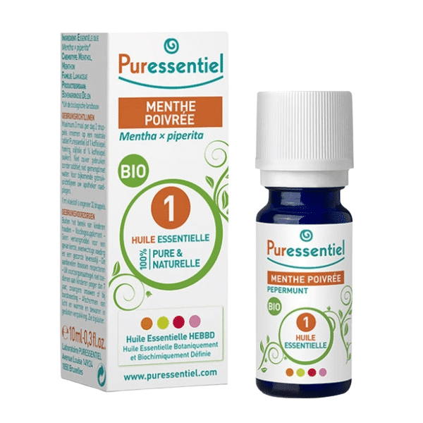 Un flacon Puressentiel Huile Essentielle Menthe Poivrée Bio de 10 ml trône à côté de son packaging blanc et vert