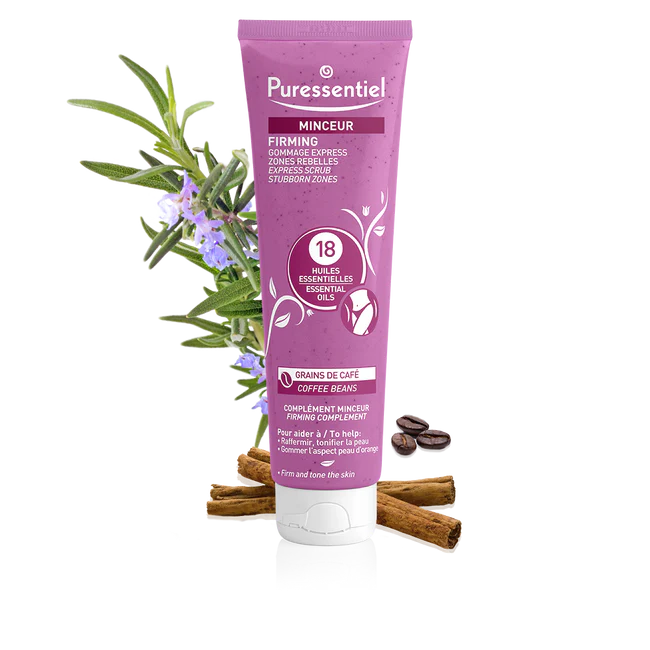 Un tube de Puressentiel Gommage Express Minceur Zones Rebelles 150 ml à l'étiquette violette