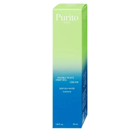 La Crème Hydratante Peaux Déshydratées Purito Deep Sea 50 ml est présentée dans un superbe emballage dégradé vert et bleu