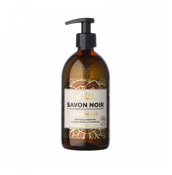 Une bouteille de MKL Savon Noir certifié BIO - 500 ml avec un distributeur à pompe