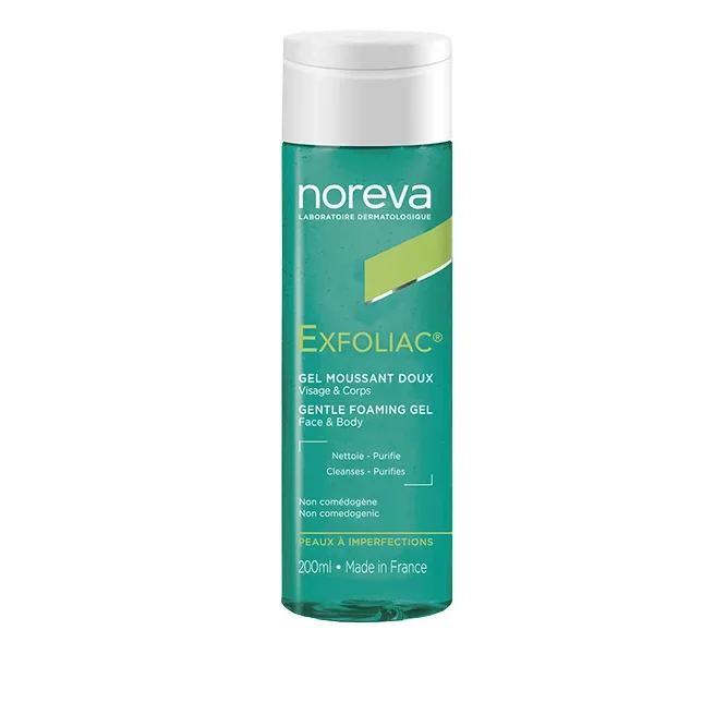 Un flacon de Noreva Exfoliac Gel Moussant Doux