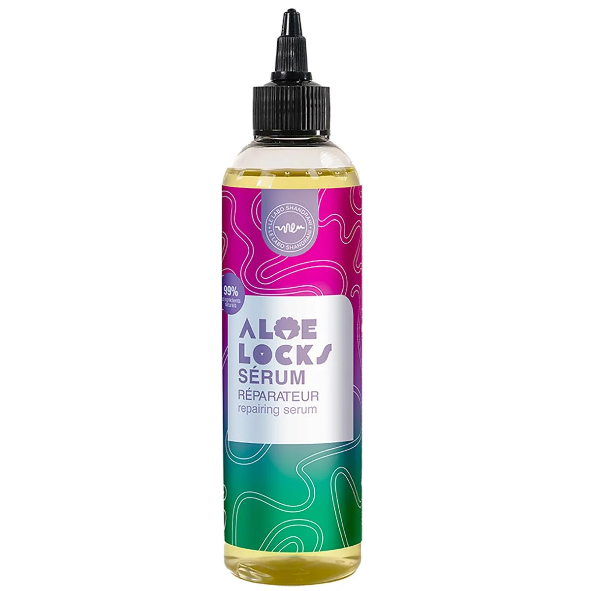 Un flacon de 250 ml de Eeasy Pouss Aloé Locks Sérum Réparateur avec une étiquette violette et verte vibrante et un bouchon de buse noir. dakar