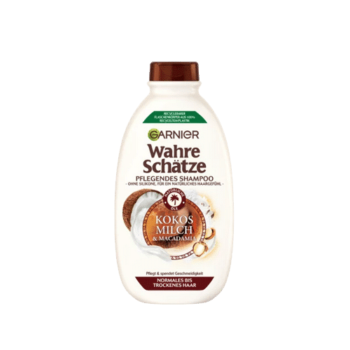 Un flacon de Garnier Ultra Doux Shampooing Nourrissant Lait de Coco et Macadamia 300 ml pour cheveux normaux à secs