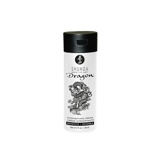 Un flacon cylindrique étiqueté « Shunga Crème Intensifiante Dragon Sensible 60 ml » avec une illustration de dragon sur le devant