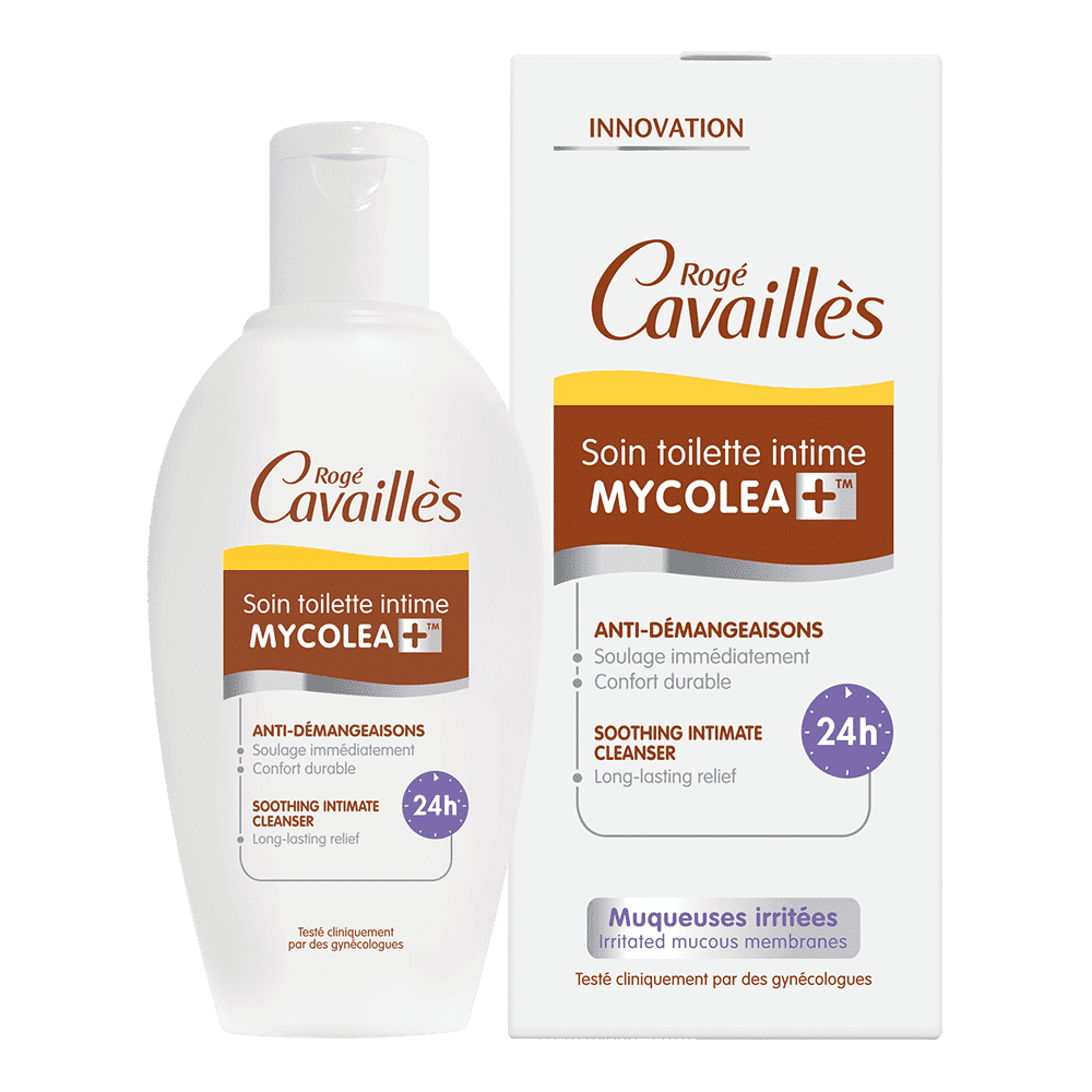 Flacon et packaging de Roge Cavailles Soin Toilette Intime Mycolea+ 200 ml pour muqueuses irritées