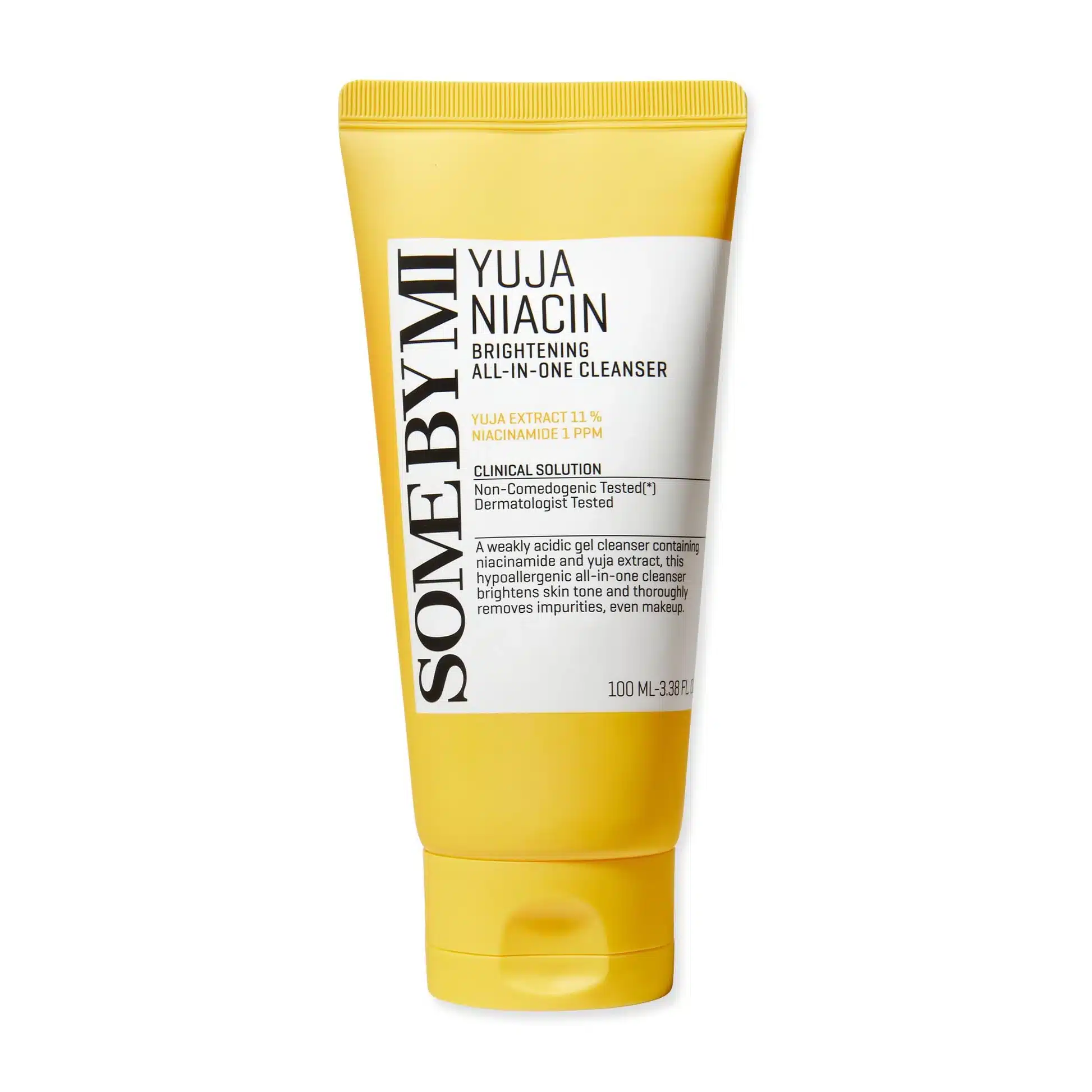 Tube jaune de Some By Mi Yuja Niacin Nettoyant Tout-En-Un Peau Lumineuse 100 ml avec texte et détails du produit sur fond blanc. dakar