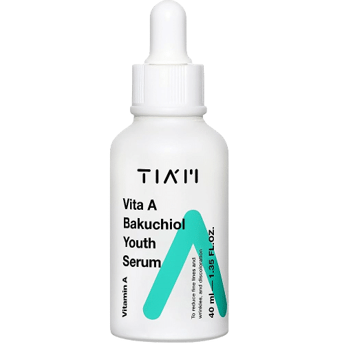 Flacon compte-gouttes blanc étiqueté « Tiam Vita A Bakuchiol Sérum Jeunesse Anti-âge au Collagène Marin 40 ml » avec un design « V » bleu. 40 ml