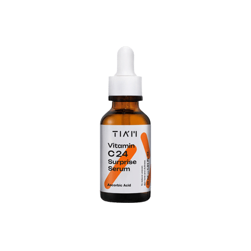 Un flacon compte-gouttes marron étiqueté "Tiam Sérum Surprise Vitamine C 24 Pure Eclat et Anti Age 30 ml" sur fond blanc