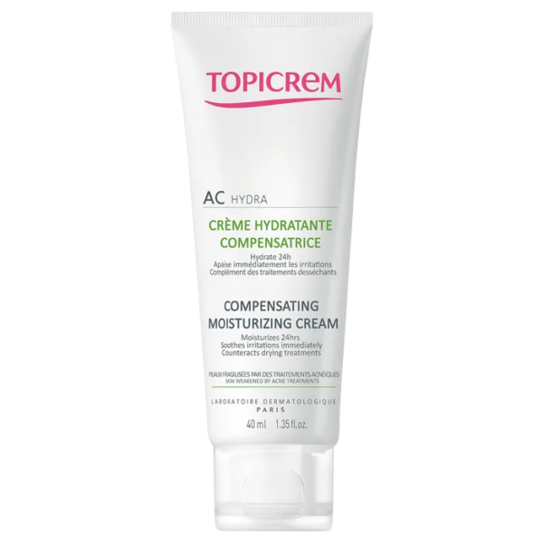 Un tube blanc de Topicrem AC HYDRA Crème Hydratante Compensatrice Peaux Acnéiques 40 ml