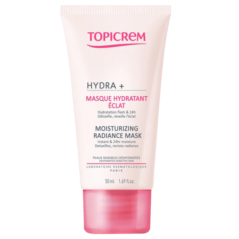 Tube de Topicrem HYDRA+ Masque Hydratant Éclat 50 ml avec bouchon rose sur fond blanc