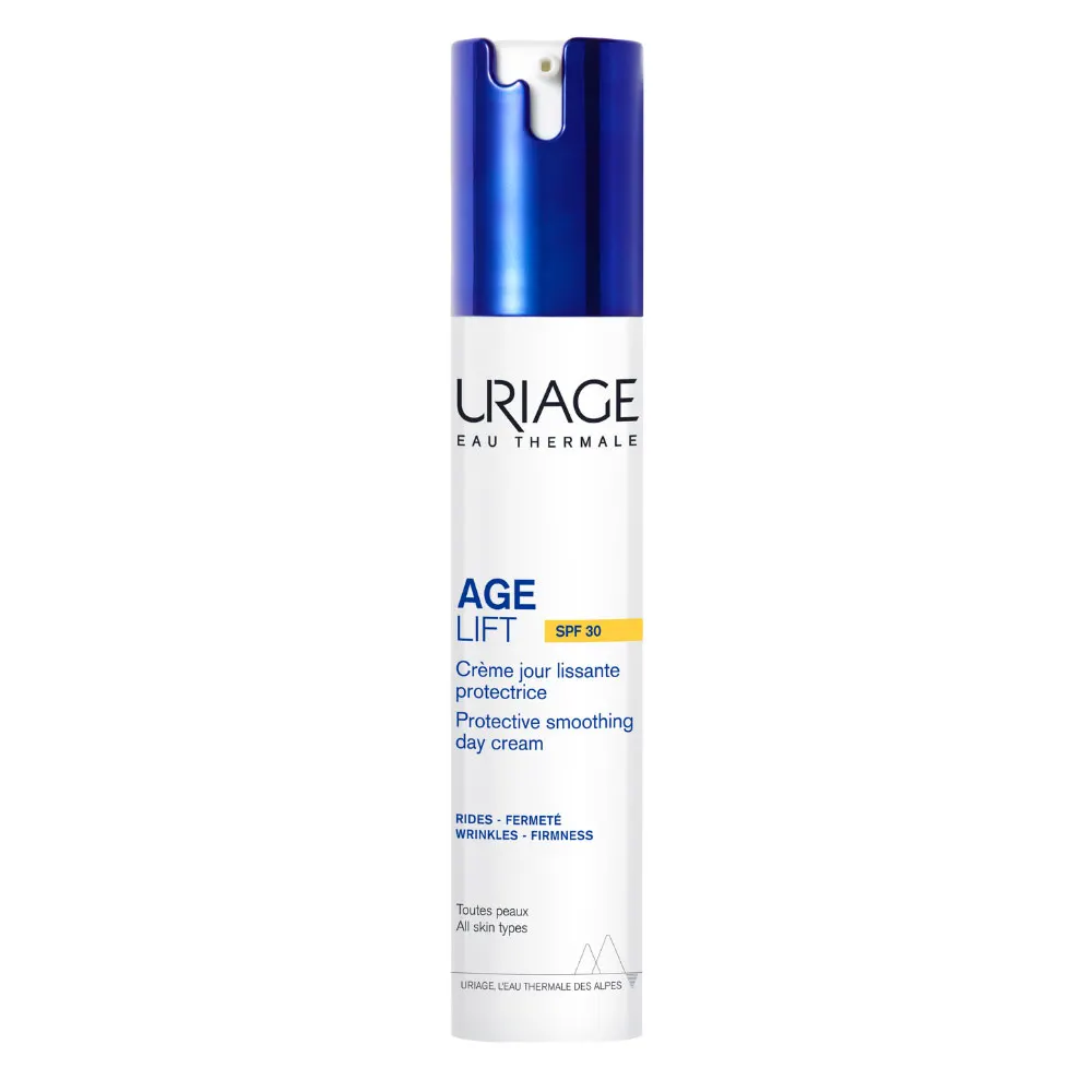 Flacon blanc et bleu de la crème de jour anti-âge Uriage AGE LIFT Crème Jour Lissante Peau Protectrice SPF 30 au rétinol et acide hyaluronique