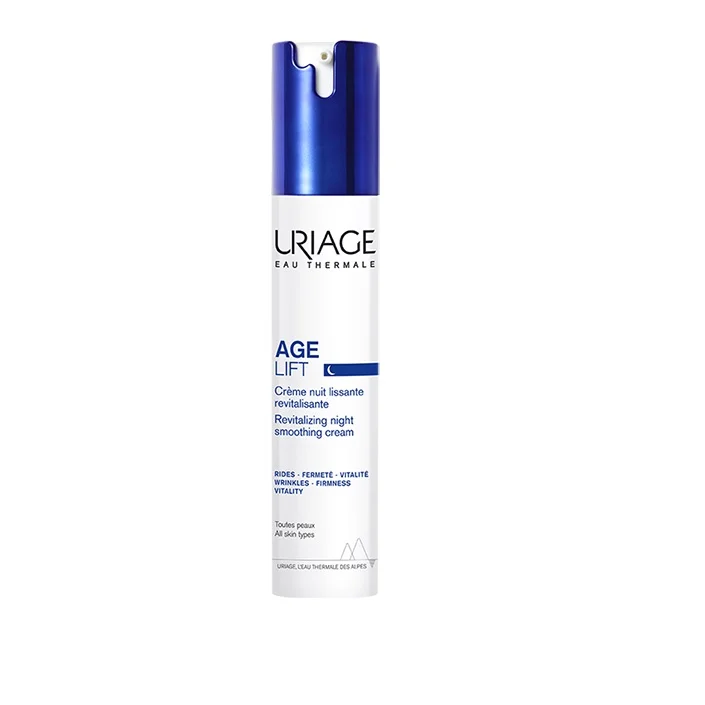 Un grand flacon blanc et bleu de Uriage AGE LIFT Nuit Crème Eclat Lissante et Revitalisante anti-âge crème de nuit lissante détoxifiante et raffermissante au Rétinol