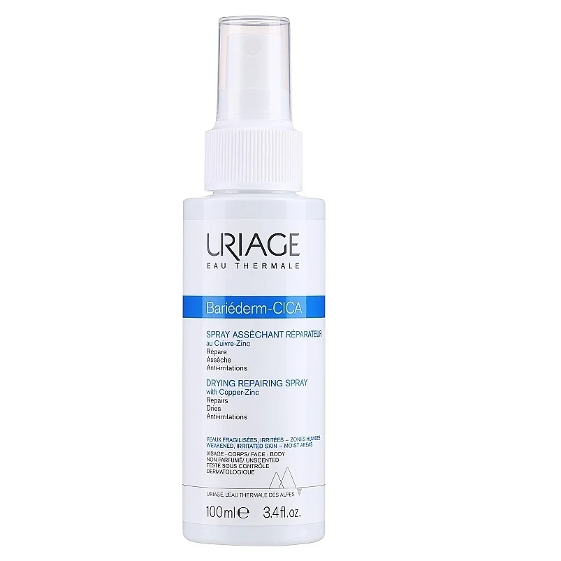 Un flacon de 100 ml d'Uriage Bariederm Cica Spray Asséchant Réparateur au Cuivre Zinc Soin Peaux Irritées avec une buse de pulvérisation facile à utiliser. dakar