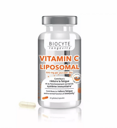 Flacon de Biocyte Vitamine C Liposomale Réduit la Fatigue 30 Gélules avec une capsule présentée à l'extérieur du flacon