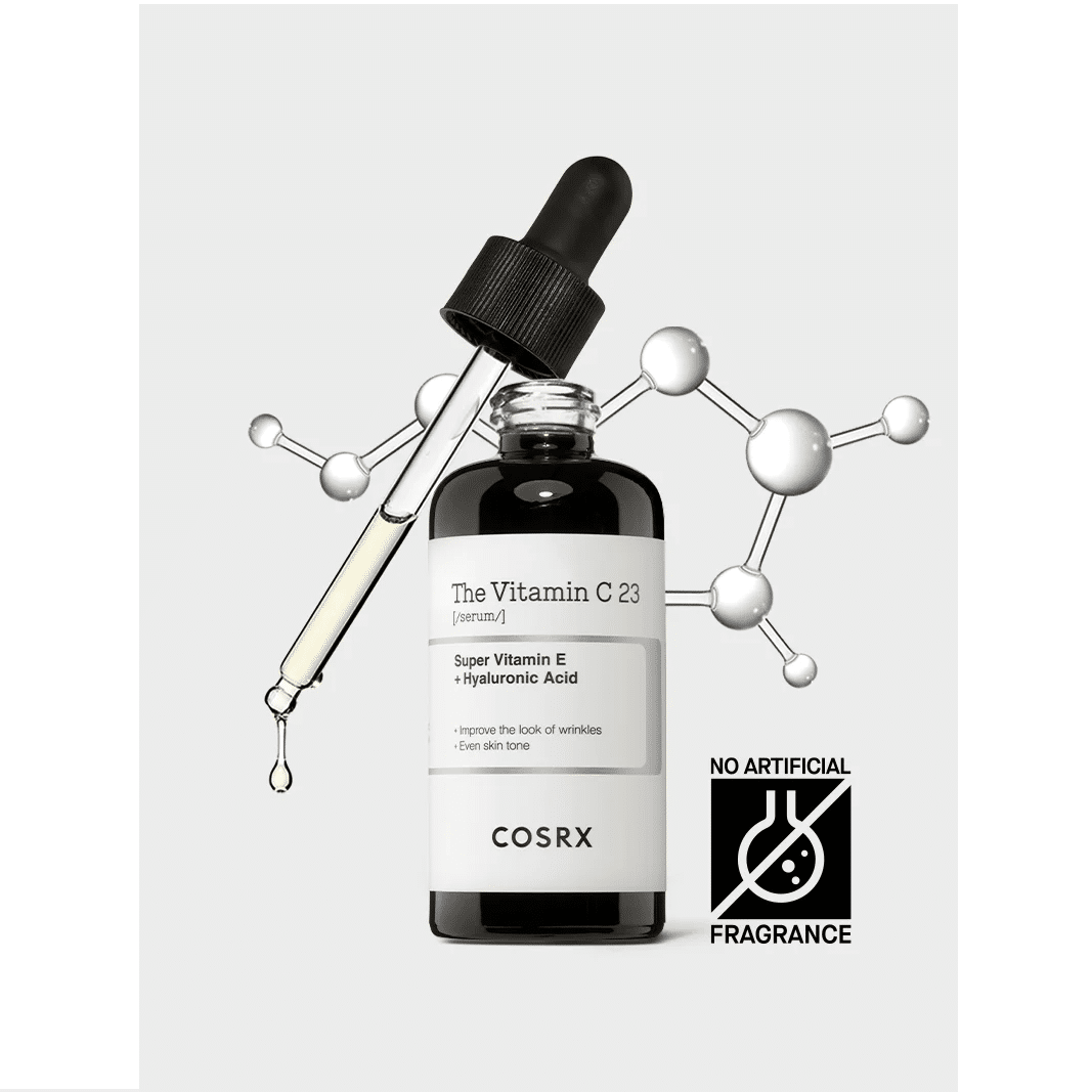 Flacon compte-gouttes de Cosrx Sérum Vitamine C 23% - 20 ml avec compte-gouttes et illustrations moléculaires