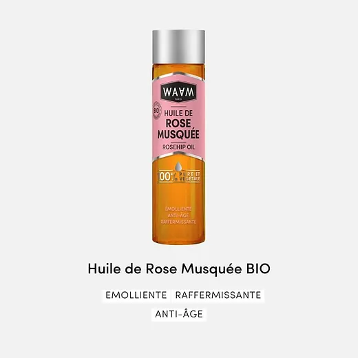 Flacon de Waam Huile de Rose Musquée BIO avec texte "Soin Anti-âge