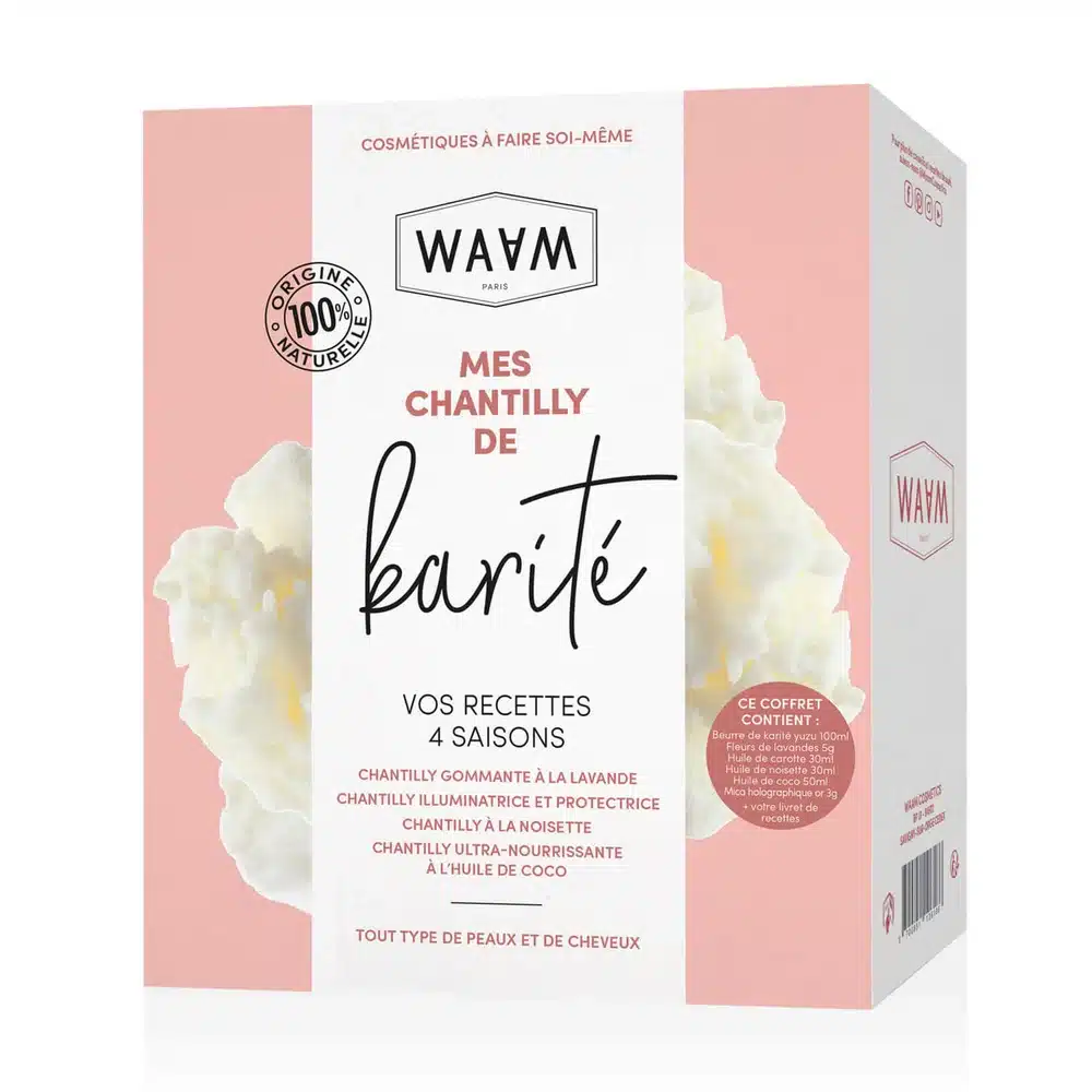 Le Coffret Waam Mes Chantilly de Karité Cheveux et Corps en rose et blanc propose des cosmétiques DIY aux ingrédients 100% naturels pour le soin de la peau et des cheveux. dakar