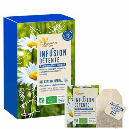 Une boîte et un sachet de Fleurance Nature Infusion Détente Bio, arborant un motif de marguerites, mettent en valeur des ingrédients clés tels que la mélisse, l'orange et la camomille pour favoriser un meilleur sommeil. L'emballage affiche bien en évidence les marques de certification biologique. Dakar