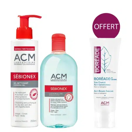 Image de trois produits de soin ACM : le gel nettoyant Sébionex dans un flacon pompe rouge, la lotion micellaire Sébionex dans un flacon transparent et la crème anti-imperfections soin complet Boréade CL dans un tube blanc avec une étiquette violette marquée « OFFERT ». Dakar