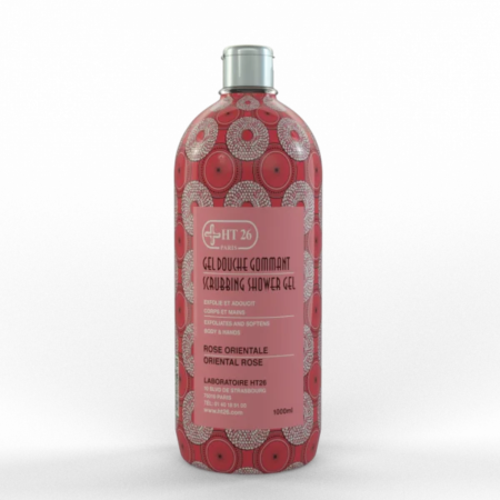 Un flacon de gel douche exfoliant aux motifs circulaires roses et rouges. L'étiquette indique « HT26 », « Rose Orientale » et « 1000 ml ». Le produit prétend exfolier et adoucir la peau. Dakar