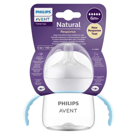 Image d'un biberon d'apprentissage Philips AVENT, idéal pour les bébés de 6 mois et plus. Ce biberon d'apprentissage comprend une tétine blanche, un corps transparent avec des poignées bleues et peut contenir 150 ml (5 oz). L'emballage met en valeur une transition facile du biberon à la tasse. Il est sans BPA. Dakar