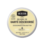 Boîte ronde de beurre de karité désodorisé WAAM Paris avec une étiquette beige. Elle porte la mention « Eco Cert Cosmos Organic » et la mention « 100 % pur et naturel », ce qui indique des ingrédients naturels et biologiques. Le texte est en français et en anglais. Dakar