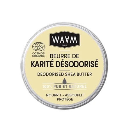 Boîte ronde de beurre de karité désodorisé WAAM Paris avec une étiquette beige. Elle porte la mention « Eco Cert Cosmos Organic » et la mention « 100 % pur et naturel », ce qui indique des ingrédients naturels et biologiques. Le texte est en français et en anglais. Dakar