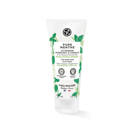 Tube de masque à l'argile Pure Menthe d'Yves Rocher à la menthe poivrée biologique. L'emballage présente des feuilles de menthe verte et le logo de la marque. Contient 75 ml (2,5 fl oz) et des étiquettes indiquant 98 % d'ingrédients naturels et un emballage respectueux de l'environnement. Dakar