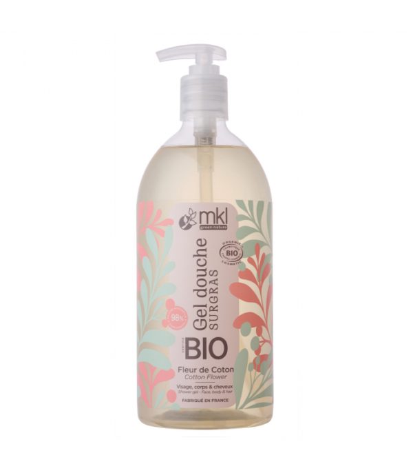 Flacon pompe transparent de MKL Gel douche certifié BIO - Fleur de coton aux motifs floraux roses et verts. Adapté au visage, au corps et aux cheveux, il dégage un parfum de fleur de coton. Dakar