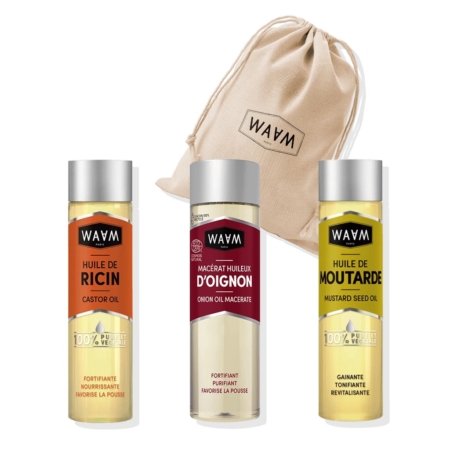 Le trio Waam Huiles Spéciales Pousse des Cheveux, composé d'huile de ricin, de macérât d'Huile d'Oignon WAAM Paris et d'huile de graines de moutarde, est présenté dans un sac à cordon beige siglé Wavm. Ces huiles fortifiantes sont essentielles pour le soin des cheveux. Dakar