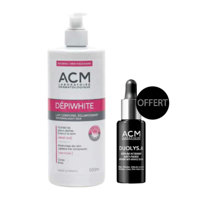 Flacon blanc de Lait Corps Éclaircissant ACM Dépiwhite avec étiquette rouge, à côté d'un flacon compte-gouttes noir de Sérum Anti-Rides Intensif ACM Duolys. Le mot « Offert » est inscrit au-dessus du flacon. Dakar