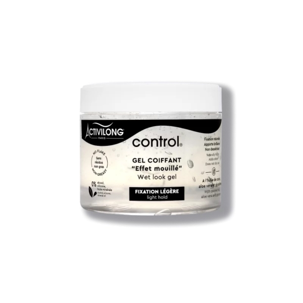 Pot blanc avec couvercle noir étiqueté « ACTIVILONG Paris control ». L'étiquette indique « Gel Coiffant Effet mouillé », « Fixation Légère tenue légère » et « 0 % Paraben, Silicones, Alcohol ». Le gel est transparent et présente des bulles visibles. Dakar
